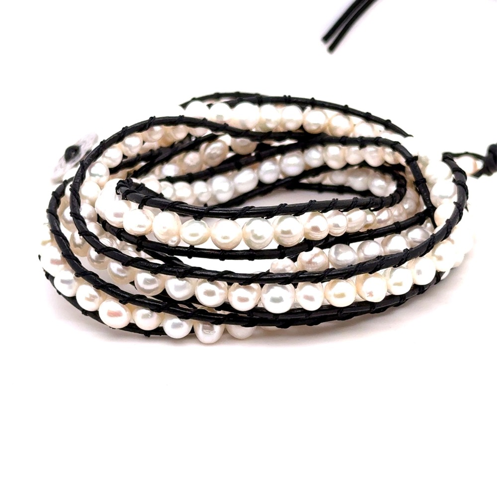 Victoria Emerson White Freshwater Pearl Black Leather Wrap Bracelet Adjustable